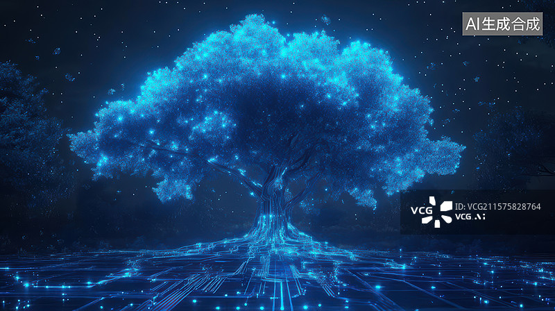 【AI数字艺术】蓝色发光树梦幻星空意境图图片素材