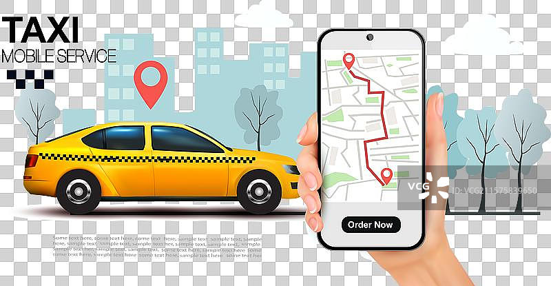 出租车服务概念，黄色出租车驶向目的地图片素材