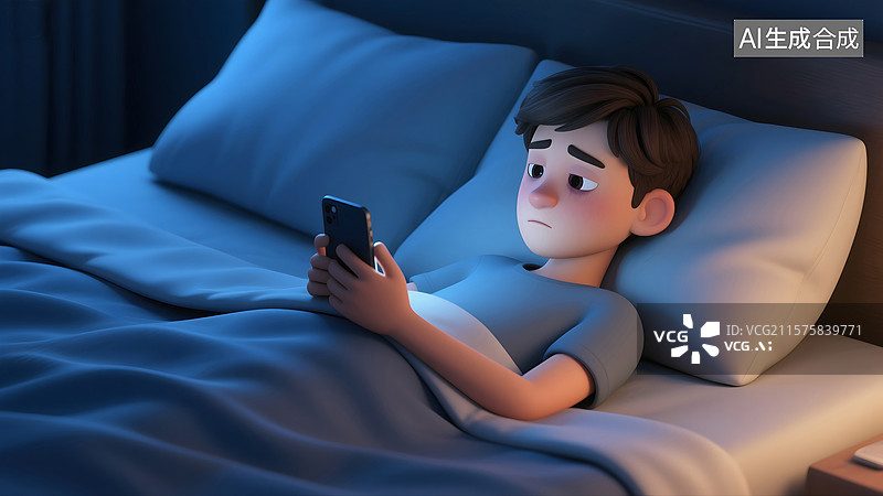 【AI数字艺术】黑眼圈少年深夜玩手机图片素材