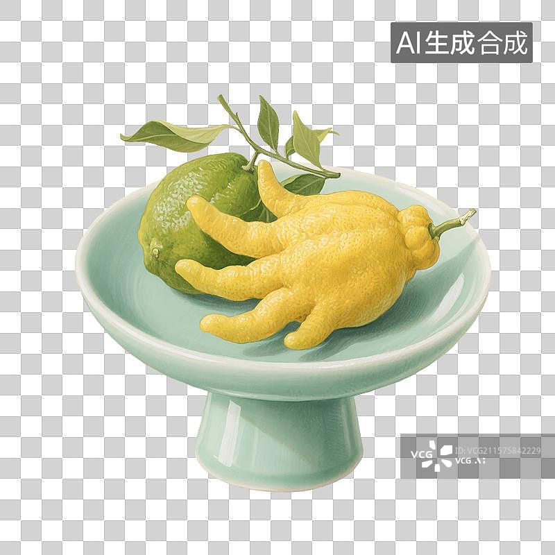 【AI数字艺术】国风手绘插画，青瓷盘子里的水果，佛手柑，佛手，香橼，文房清供，免抠元素图片素材