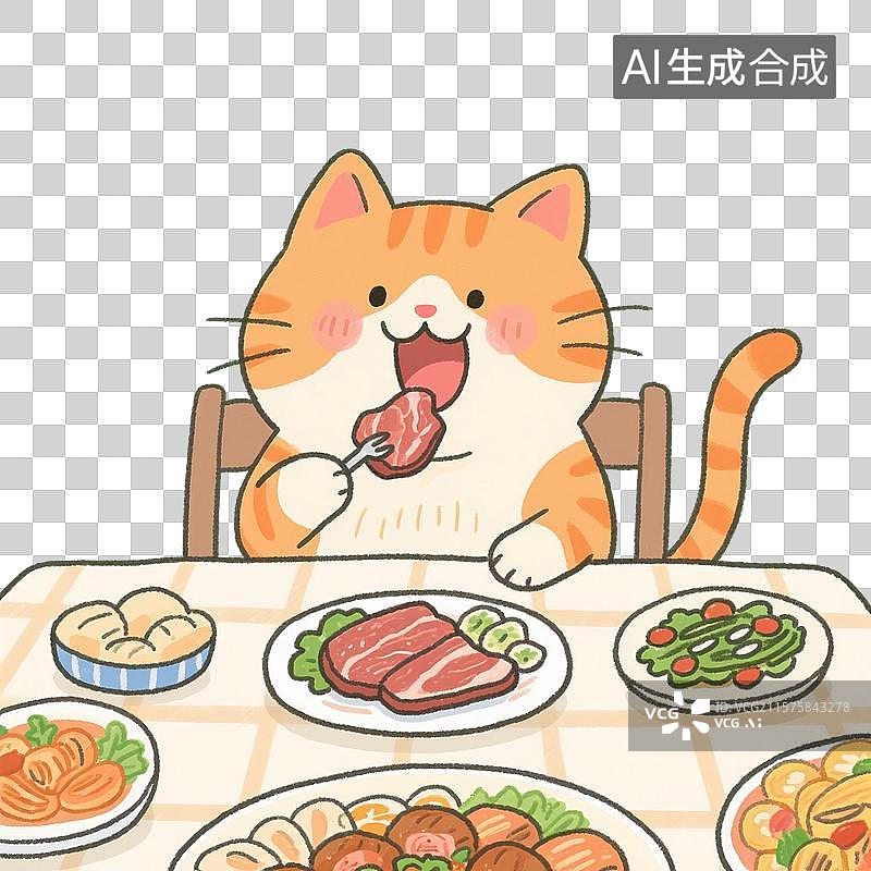 【AI数字艺术】治愈系手绘插画，一只小猫正在吃饭，免抠元素图片素材