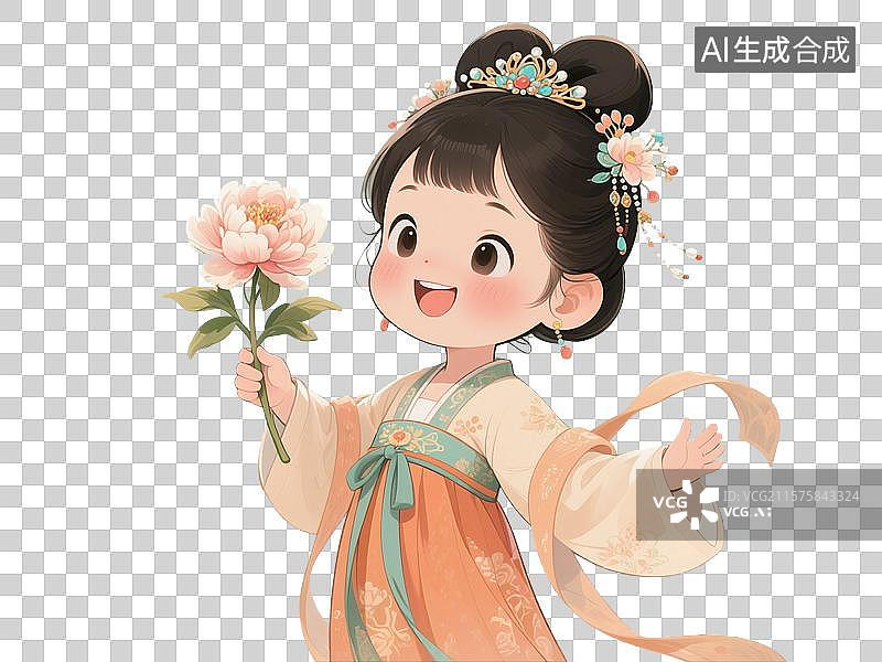 【AI数字艺术】手绘插画，中国风古代卡通人物，唐朝小女孩，手里拿着牡丹花，Q版唐代仕女，免抠元素图片素材