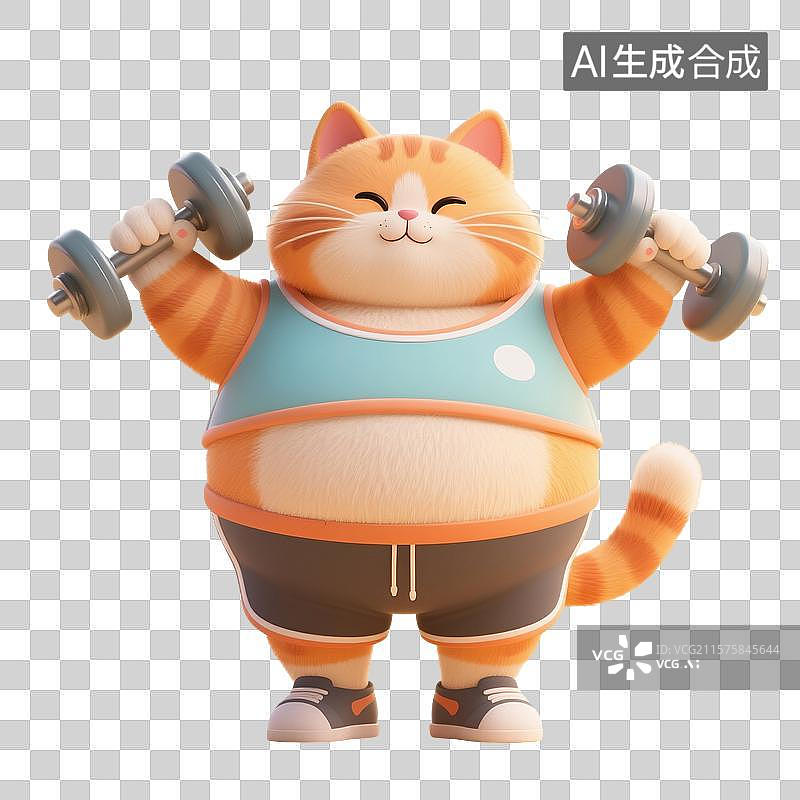 【AI数字艺术】3D渲染卡通动物，一只胖乎乎的橘猫举着哑铃，正在健身，运动，锻炼，减肥瘦身，免抠元素图片素材