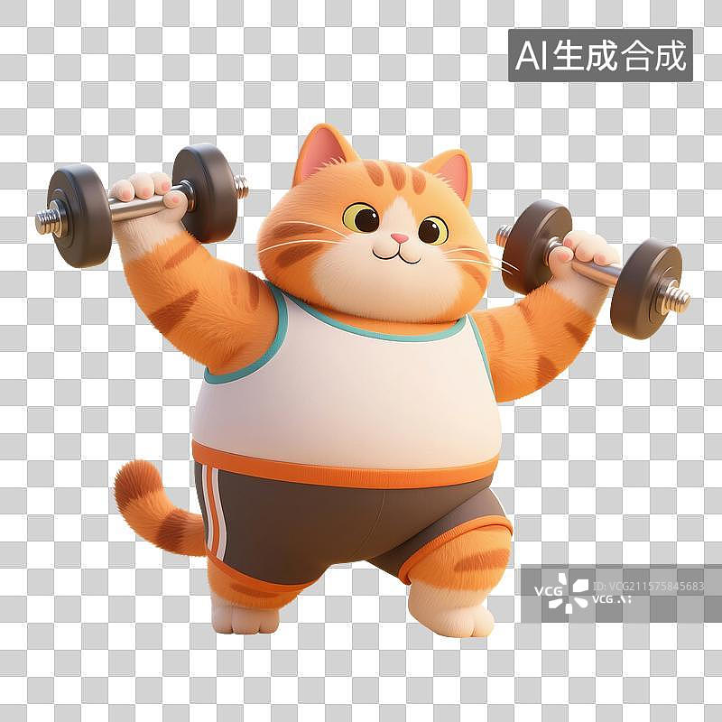 【AI数字艺术】3D渲染卡通动物，一只胖乎乎的橘猫举着哑铃，正在健身，运动，锻炼，减肥瘦身，免抠元素图片素材