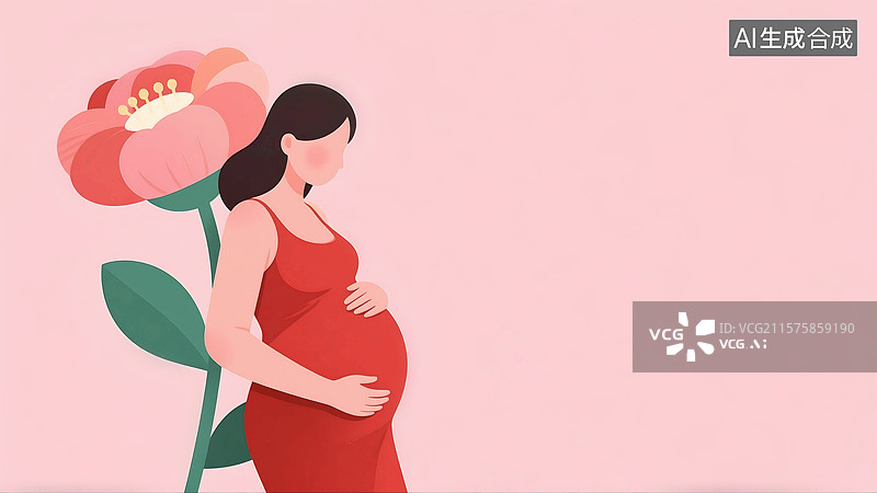 【AI数字艺术】扁平风格肌理插画母亲节妇女节怀孕的女人孕妇母亲妈妈倚靠着一朵花幸福快乐图片素材