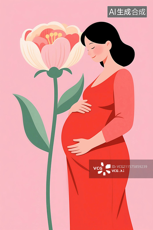 【AI数字艺术】扁平风格肌理插画母亲节妇女节怀孕的女人孕妇母亲妈妈倚靠着一朵花幸福快乐图片素材
