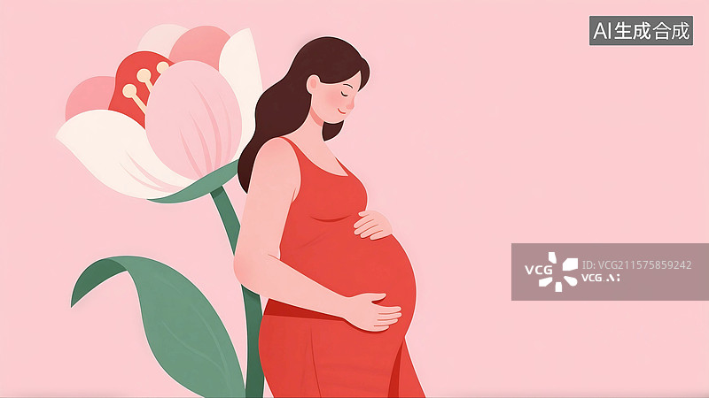 【AI数字艺术】扁平风格肌理插画母亲节妇女节怀孕的女人孕妇母亲妈妈倚靠着一朵花幸福快乐图片素材