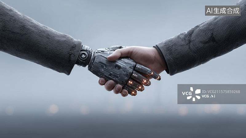 【AI数字艺术】全息人机协作握手图片素材