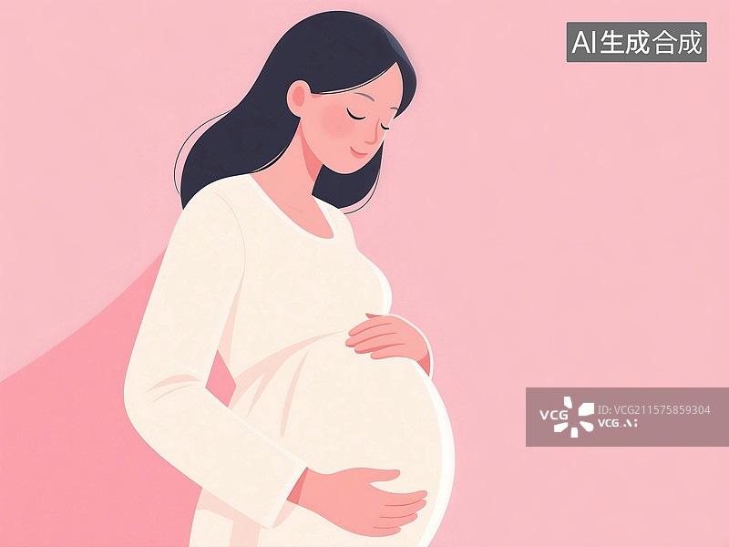 【AI数字艺术】扁平风格肌理插画母亲节妇女节怀孕的女人孕妇母亲妈妈摸着孕肚幸福快乐图片素材