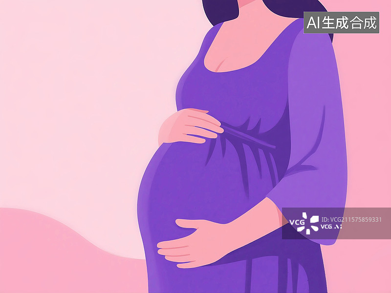 【AI数字艺术】扁平风格肌理插画母亲节妇女节怀孕的女人孕妇母亲妈妈摸着孕肚幸福快乐图片素材