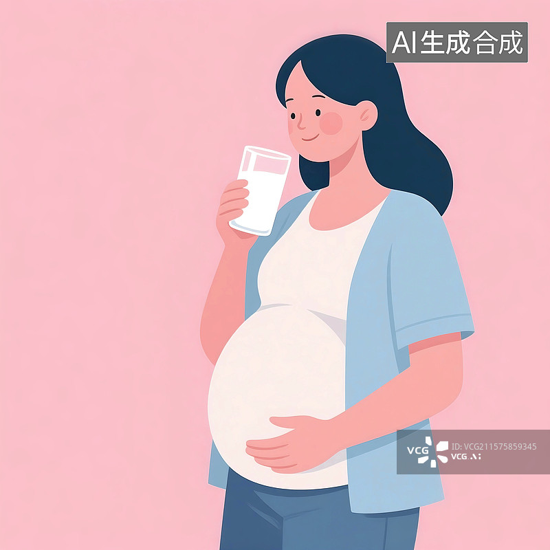 【AI数字艺术】扁平风格肌理插画家庭关爱微笑幸福快乐母亲节妇女节妈妈母亲摸着孕肚喝一杯牛奶补充营养图片素材