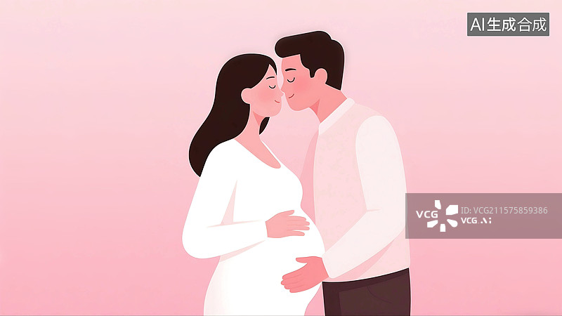 【AI数字艺术】扁平风格肌理插画家庭关爱微笑幸福快乐母亲节妇女节男人女人相伴家庭青年夫妇伴侣怀孕的肚子孕肚图片素材
