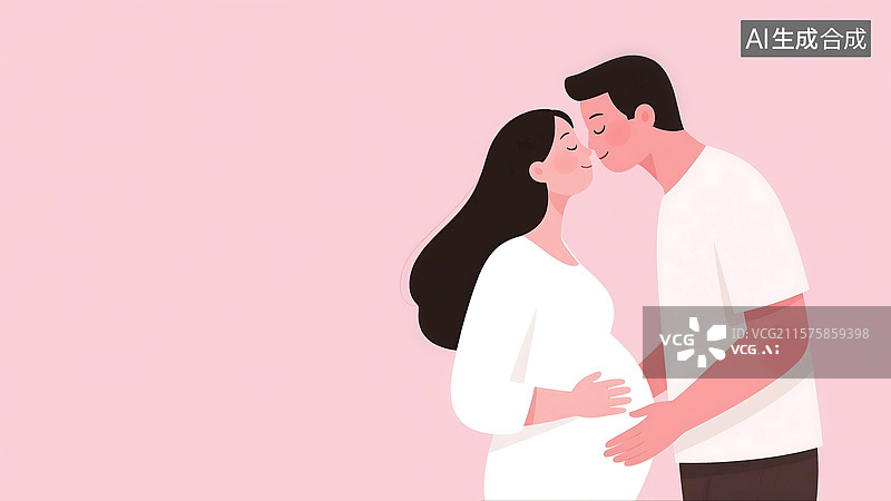 【AI数字艺术】扁平风格肌理插画家庭关爱微笑幸福快乐母亲节妇女节男人女人相伴家庭青年夫妇伴侣怀孕的肚子孕肚图片素材