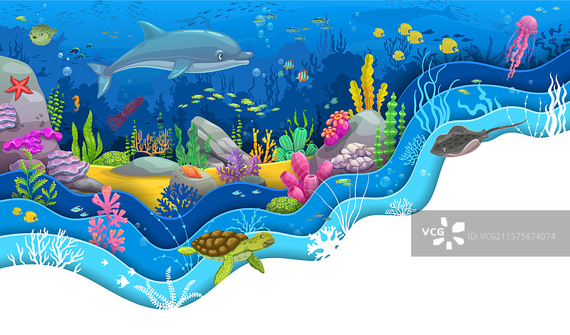 有趣的卡通海豚和乌龟剪纸风景图片素材