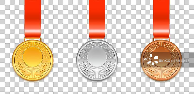 红色丝带上的3D金、银、铜奖牌图片素材