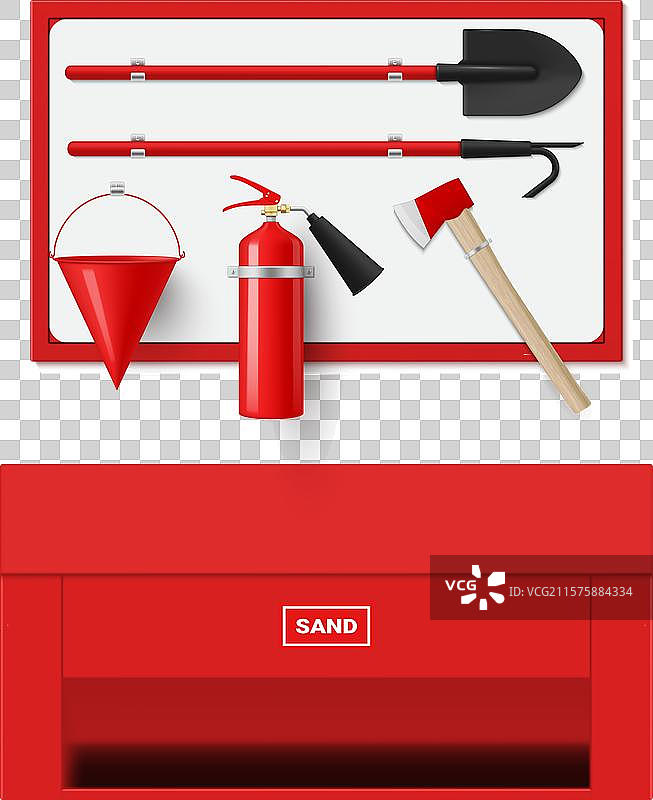 消防板红色安全设备与沙子图片素材
