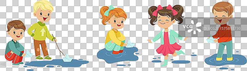 可爱的小孩角色在水坑里嬉戏图片素材