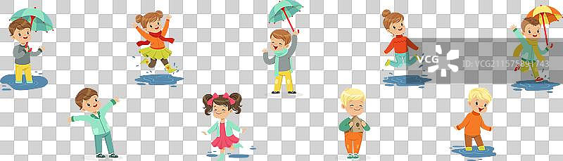 可爱的小孩角色在水坑里嬉戏图片素材