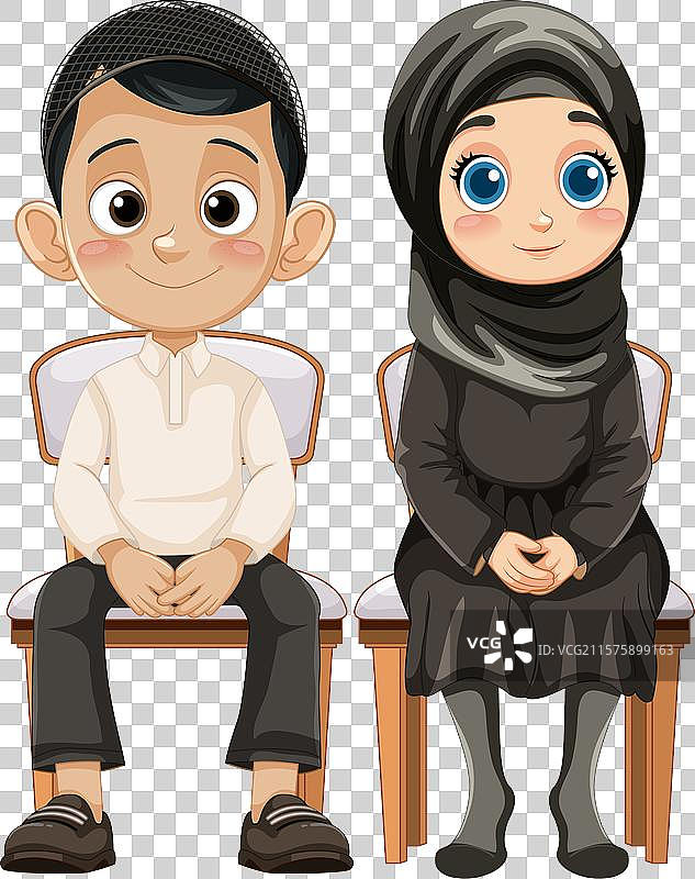 一个穆斯林男孩和女孩坐着图片素材