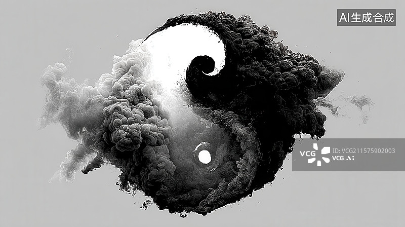 【AI数字艺术】黑白太极阴阳符号被烟雾包围图片素材