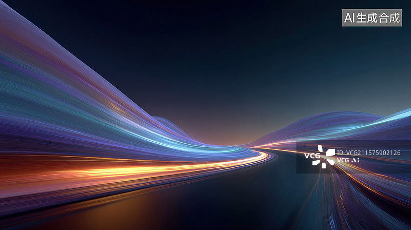 【AI数字艺术】以日落为背景的公路汽车尾灯划出光线图片素材