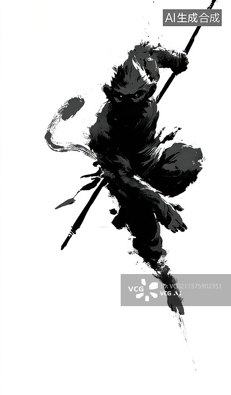 【AI数字艺术】国画身穿服装的孙悟空手持棍子跳跃图片素材