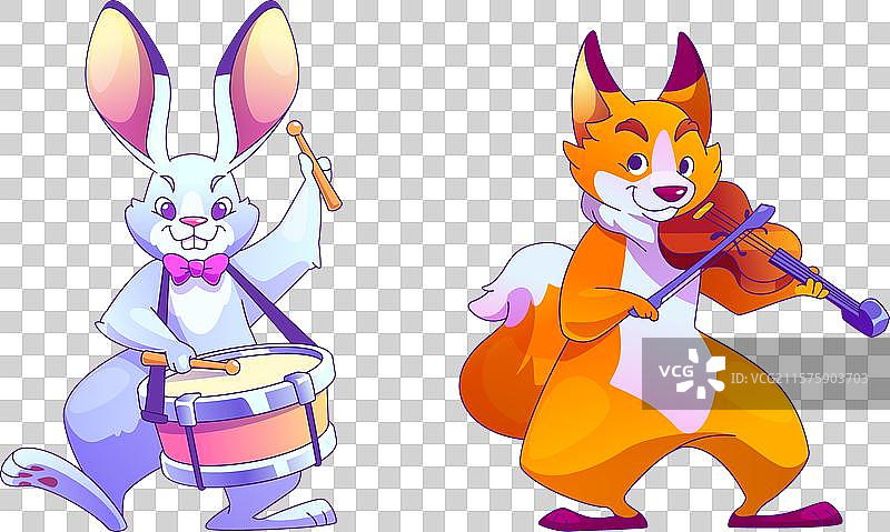 可爱的兔子和狐狸在一起演奏音乐的场景图片素材