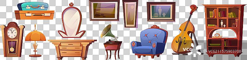 复古家具套装孤立在白色背景上图片素材