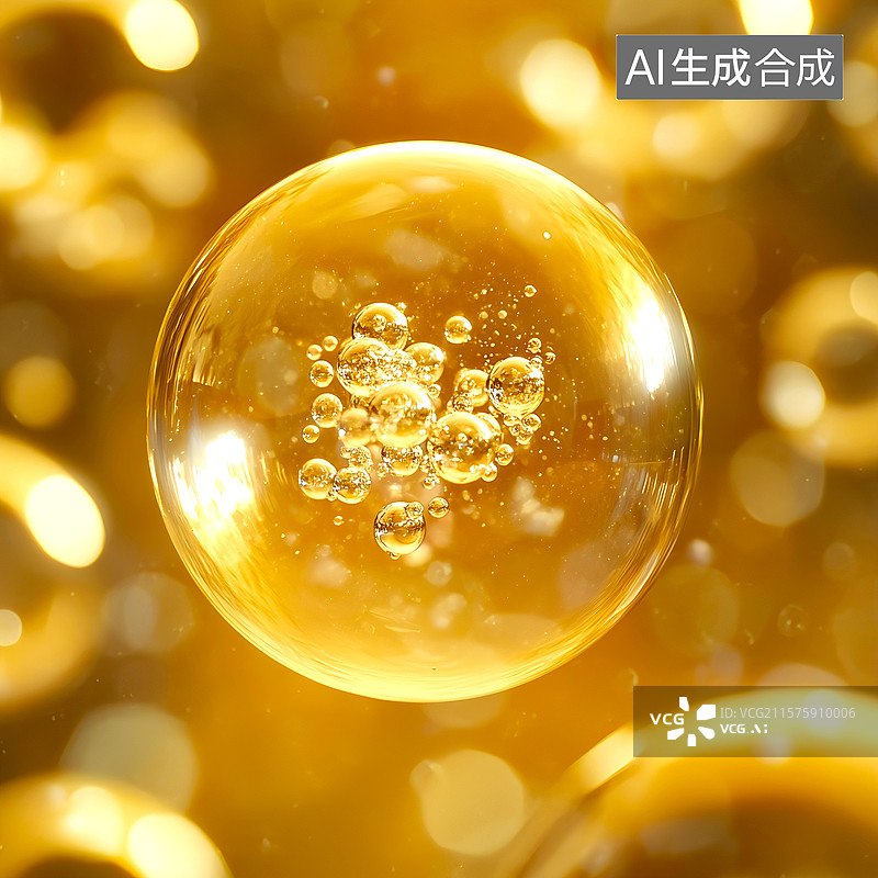 【AI数字艺术】金色分子与透明气泡，3D渲染图片素材