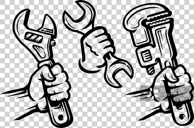 手握扳手和拳头的工作工具服务图片素材