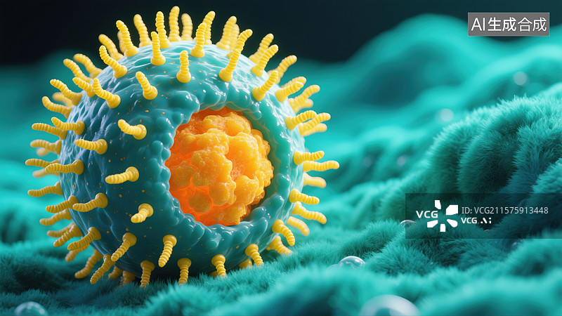 【AI数字艺术】显微洞察：病毒刺突与细胞界面的微观呈现图片素材