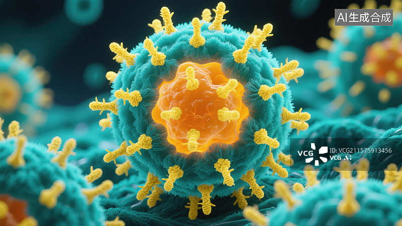 【AI数字艺术】显微洞察：病毒刺突与细胞界面的微观呈现图片素材