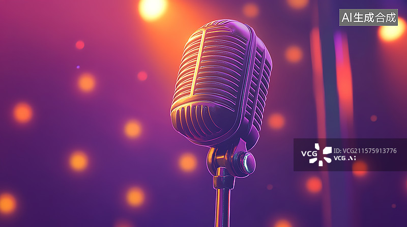 【AI数字艺术】舞台上的麦克风话筒特写插画图片素材