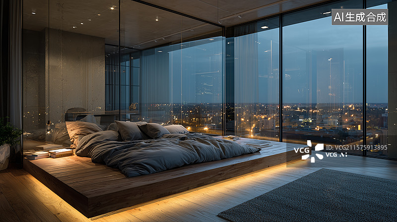 【AI数字艺术】全玻璃墙极简卧室与城市夜景图片素材