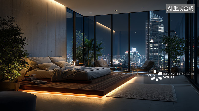 【AI数字艺术】全玻璃墙极简卧室与城市夜景图片素材