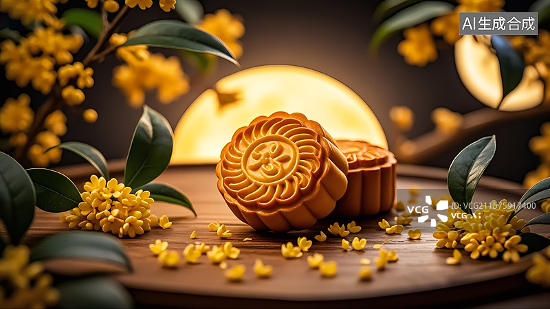 【AI数字艺术】桂花月饼国风三维插画图片素材