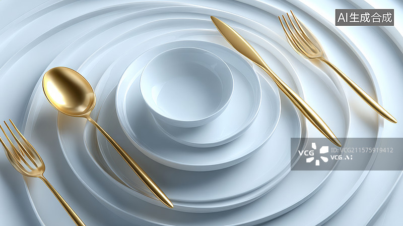 【AI数字艺术】现代金餐具和白色圆形背景图片素材