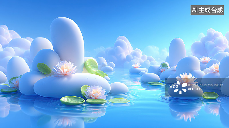 【AI数字艺术】云端静谧莲池图片素材