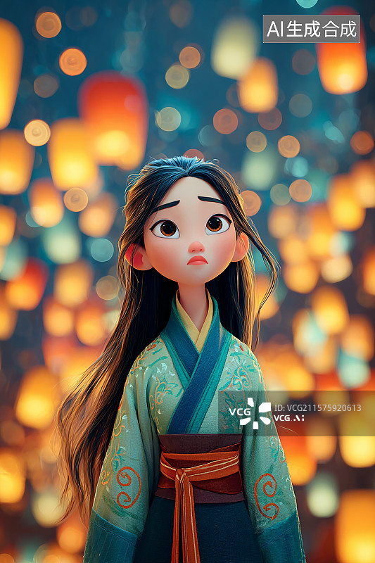 【AI数字艺术】空中的孔明灯为背景，女子穿着汉服仰望天空图片素材