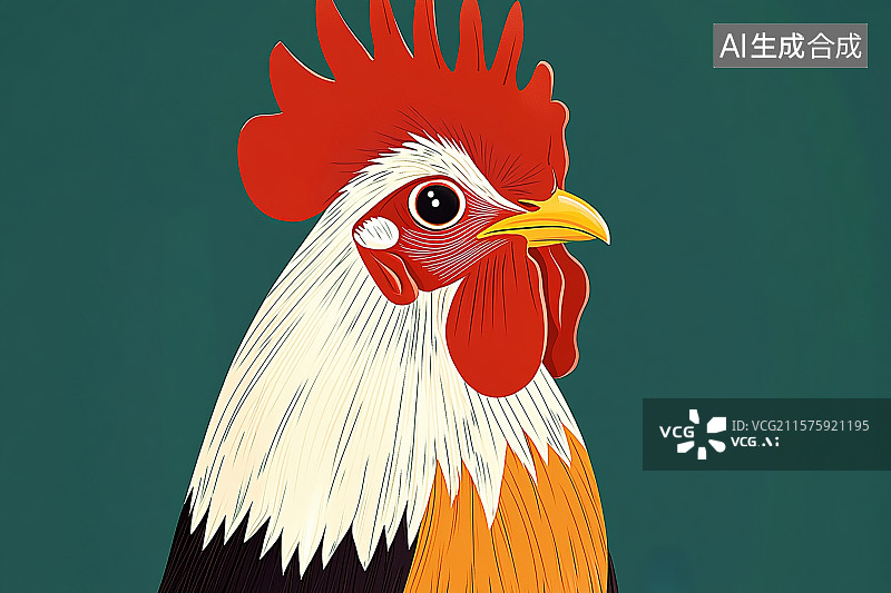 【AI数字艺术】绿色背景，一只雄赳赳的大公鸡头部特写图片素材