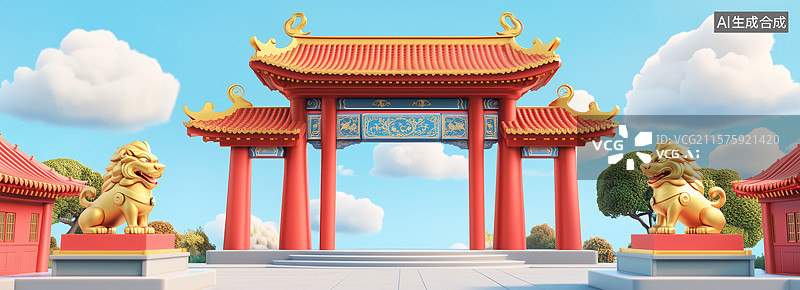 【AI数字艺术】传统中式牌坊与石狮图片素材