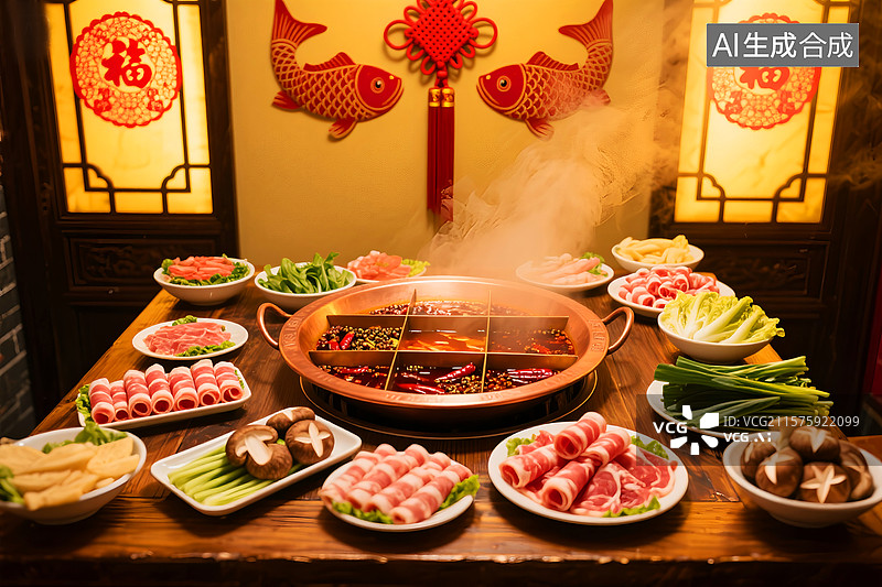 【AI数字艺术】饭店里的火锅 传统美食 菜品 四川火锅 重庆 中国风 复古 美食图片素材