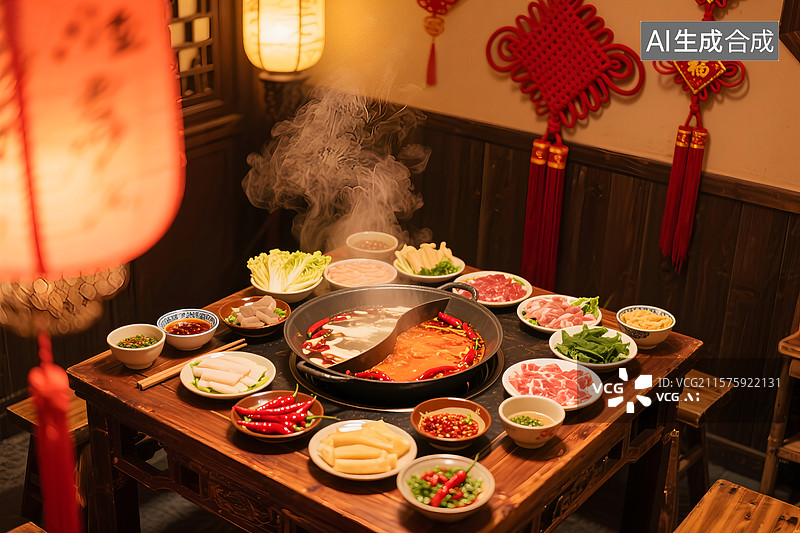 【AI数字艺术】饭店里的火锅 传统美食 菜品 四川火锅 重庆 中国风 复古 美食图片素材