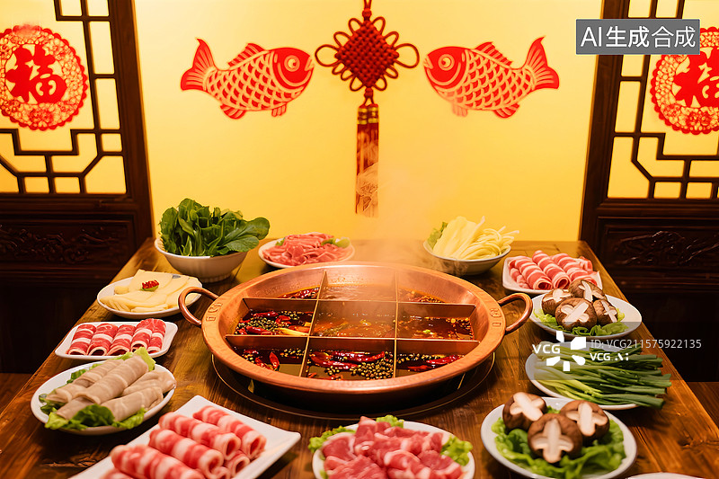 【AI数字艺术】饭店里的火锅 传统美食 菜品 四川火锅 重庆 中国风 复古 美食图片素材