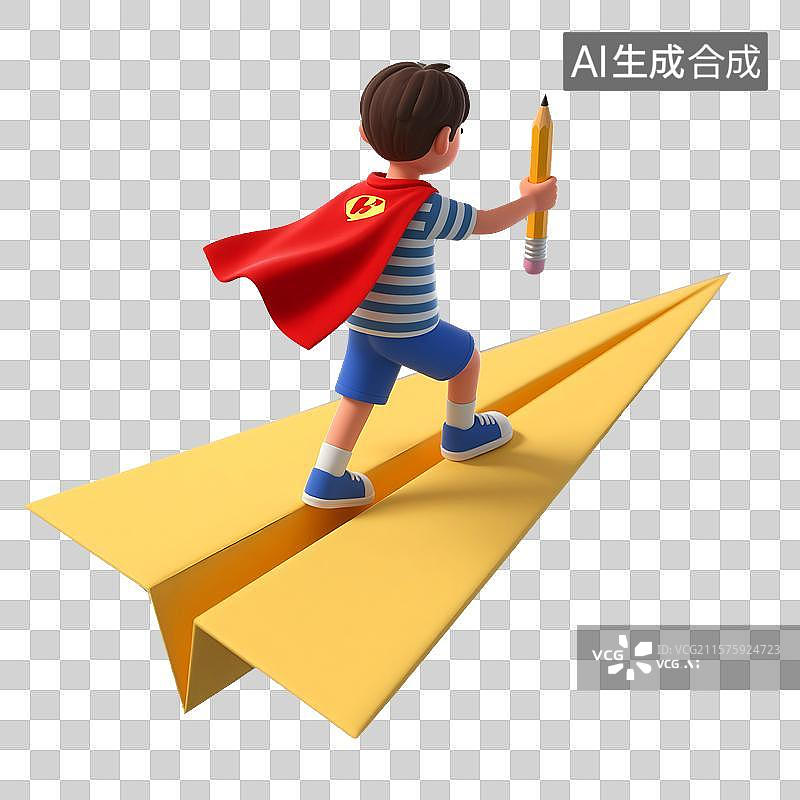 【AI数字艺术】小男孩拿着一支铅笔，披着红色斗篷，站在纸飞机上向着未来梦想努力前进，免扣元素图片素材