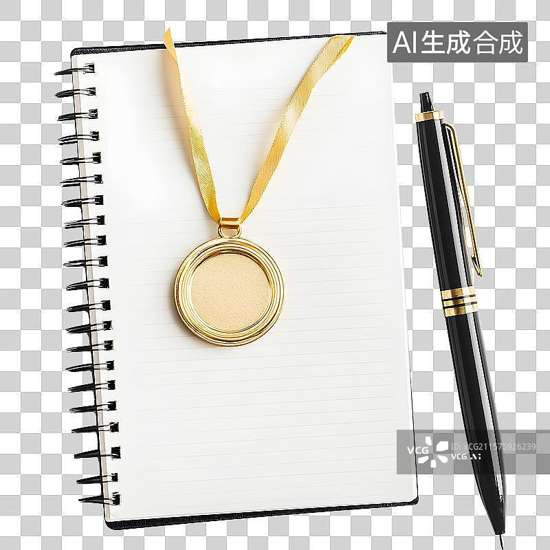 【AI数字艺术】空白笔记本上的金色奖牌和圆珠笔图片素材