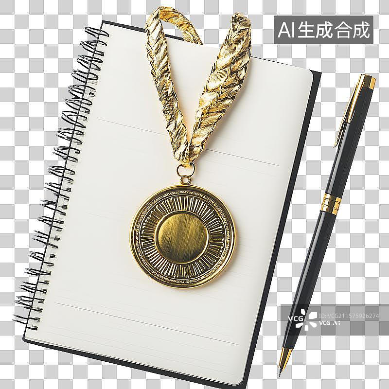 【AI数字艺术】空白笔记本上的金色奖牌和圆珠笔图片素材