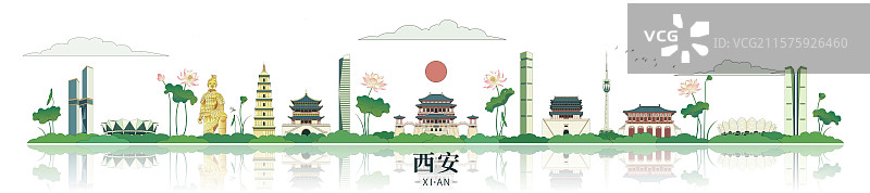 西安城市描边矢量插画图片素材