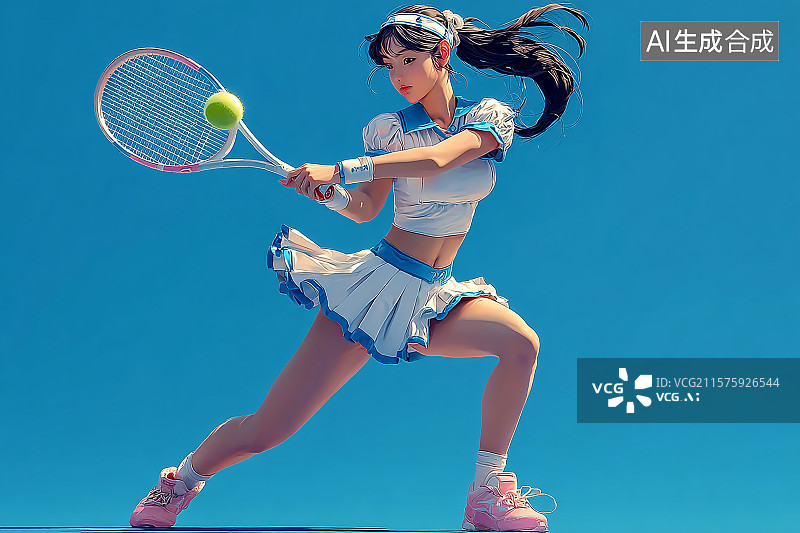 【AI数字艺术】卡通风格，女性穿着运动服拿着球拍击打网球图片素材