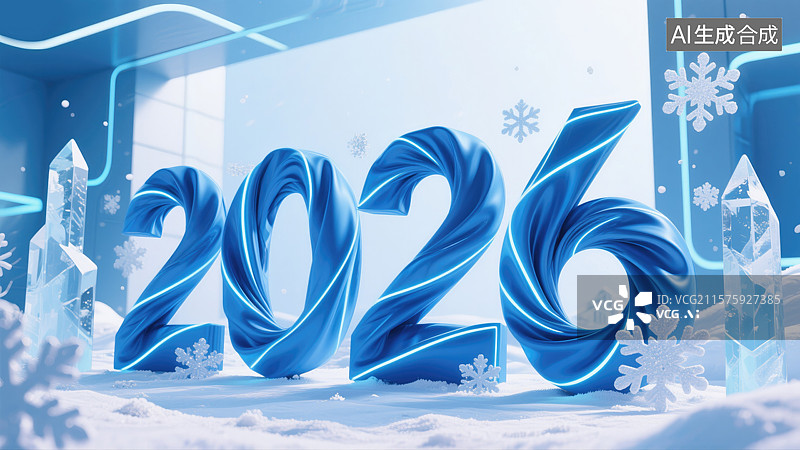 【AI数字艺术】未来感创意数字"2026"冰蓝丝绸创意冬季仙境抽象商业背景动漫风格能量马年新年目标展望会议杂志插画图片素材